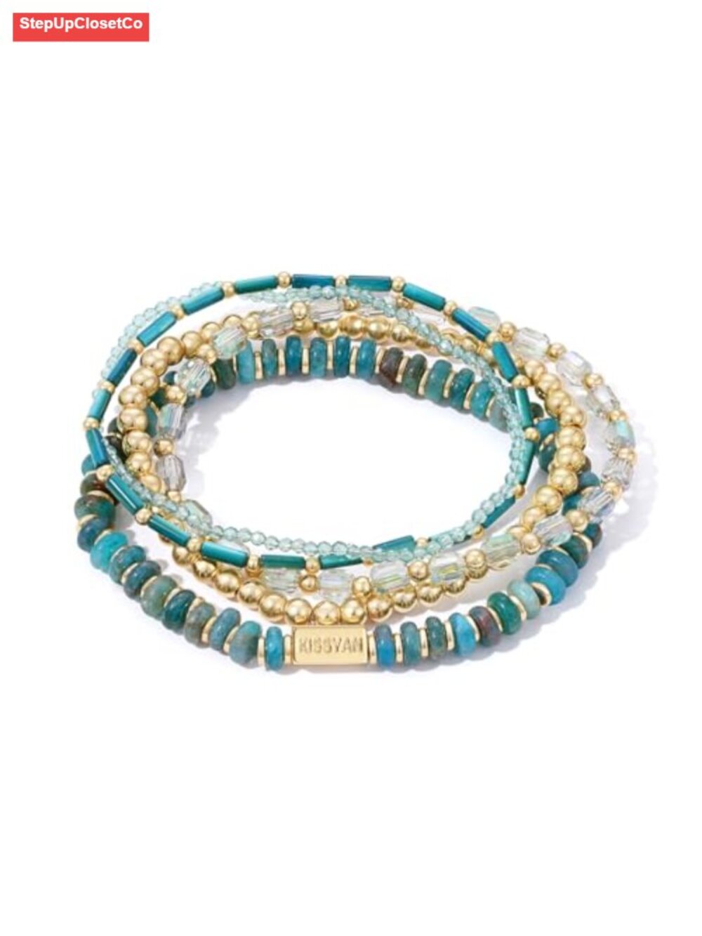 Natural Stone Stackable Beaded Bracelet Set, 14K Gold Plated, 5-Piece, Crystal